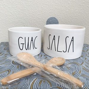 New in Original packaging!Rae Dunn White Guac and Salsa Bowls with Wooden Spoons